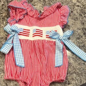 Red Gingham Baby Romper with Blue Bows